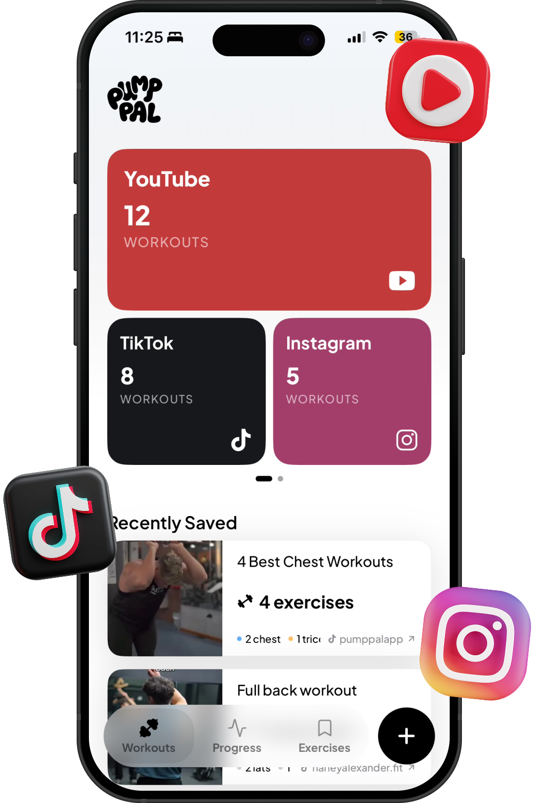 PumpPal library with YouTube, TikTok, and Instagram workouts