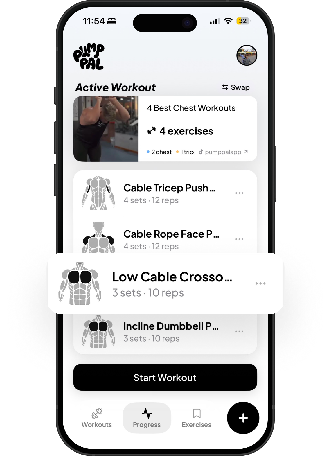 Active workout view with exercise list